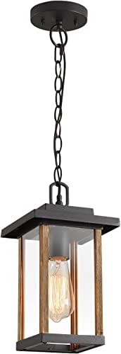 Smeike LED Outdoor Pendant Lights, Hanging Porch Lights with Clear Glass Shade, Outdoor Hanging Light for Outside Garage Driveway Patio, Wood Grain Finish & Matte Black Finish