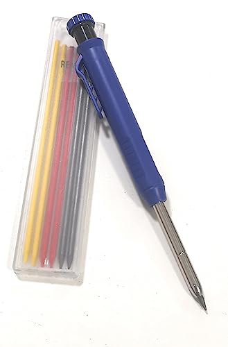 JEYEFFE Carpenter's Pencil with 7 Refills and Integrated Sharpener - Precision Tool for Deep Hole Marking on Wood and Hard Surfaces - Ideal for Carpenters and Builders (Blue)