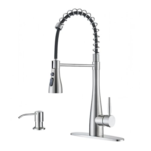 Image of Kitchen Faucet with Soap Dispenser, Single Handle Stainless Steel Transitional Sink Faucet with Pull Down Sprayer 1 or 3 Hole, Suitable for Farmhouse Laundry Camper RV Bar, Brushed Nickel