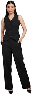 MEMORIES BY MASHA Women’s Black V-Neck Waistcoat & Trousers Co-ord Set in Banana Crepe – Elegant Office & Evening Outfit Price In India