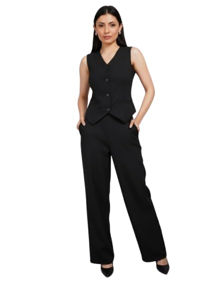 memories by masha Women’s Black V-Neck Waistcoat & Trousers Co-ord Set in Banana Crepe – Elegant Office & Evening Outfit-picture-56