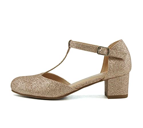 Soda Bluff-2 Kids/Children/Girls Fashion Sparkly Bling Glitter Classic T-Strap Mary Jane Block Heel Rounded Shoes