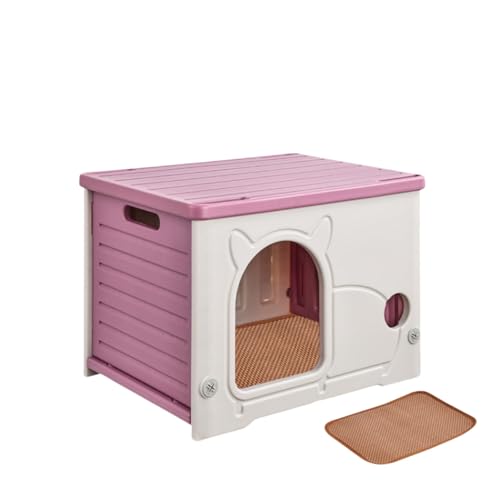 ULOVEJOY猫 ハウス【四季通用】【防水 & 日除け兼備】小型半密閉式プラスチック製猫ハウス - 屋内・屋外兼用!野良猫や子犬に最適な居場所!| 雨よけ・防寒対策付き | 通気性良好で組み立て簡単、洗えるおしゃれなペット用品 | 外猫ハウス/野外猫ハウ
