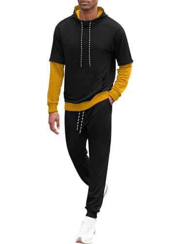 LecGee Men 2 Piece Tracksuit Outfit Contrast Color Patchwork Hoodie Sweatshirt Sweatpants Casual Jogging Sweatsuit Set3