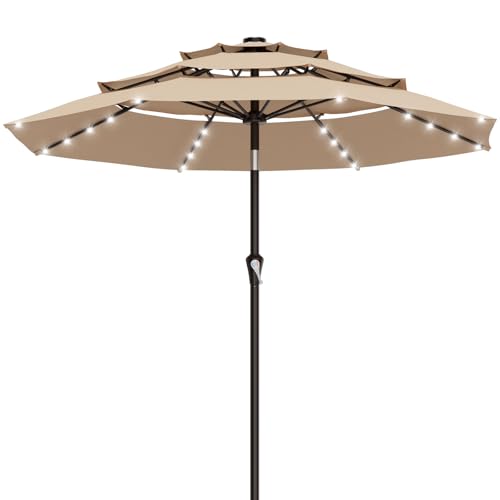 Image of AreShark 9ft 3 Tiers Patio Umbrella with Solar Lights, Outdoor Umbrella w / 32 LED Lights&8 Sturdy Ribs, Table Umbrella for Deck, Backyard, Pool (Beige)