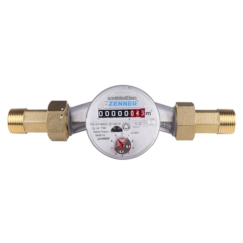 Zenner Kalt + Warmwasserzähler 3/4 Zoll, 130 mm Baulänge, Grau, mit Verschraubungen und Dichtungen, Eichung 2026 mit Kennzeichnung \ CE M26 0102\ Seitlich am Zähler.
