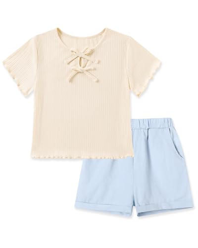 SANMIO Girls Clothes 2 Piece Girls Outfits Fashion Summer Bows Ruffle Ribbed Short Sleeves Tops and Denim Shorts Clothing Set Size 11-12 Years
