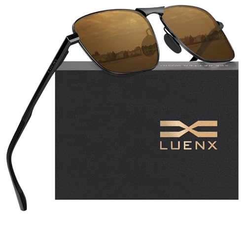 LUENX Mens Rectangular Aviator Polarized Sunglasses Women Square Retro Black Frame Brown Lens 59mm