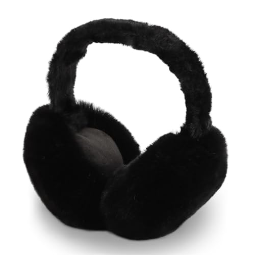 Ranjaner Orejeras de invierno para mujer, orejeras peludas de piel sintética para invierno, fundas plegables y esponjosas, cubiertas cálidas para exteriores, grandes (color: negro)