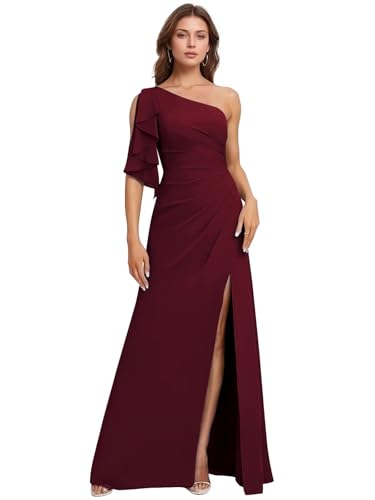 Bekvamlighet Chiffon Ruffles Bridesmaid Dresses for Wedding One Shoulder Formal Prom Party Evening Gown with Slit