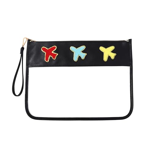Image of Chenille Letter Clear Bag Purse Multi-purpose Transparent Waterproof Snacks Makeup Tote Bag with Wrist Strap