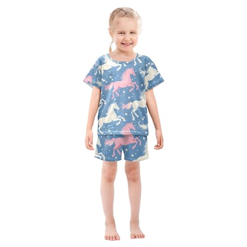 ALAZA Horse Star Blue Pajamas Set Short Sleeve Cotton Sleepwear Summer Pjs 2 Piece 5-14Y3