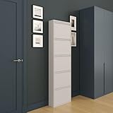 furni24 Schuhschrank Schmal – Platzsparender Metall-Schuhschrank mit Magnetklappen, Platz für 10-14 Paar Schuhe, Wandmontierbar und Vormontiert - 5 Klappen, Grau