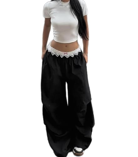 Cargo Pants for Women Y2K Low Waisted Wide Leg Fashion Streetwear Lace Casual Loose Thin Pants with Pockets