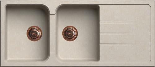 Lavello cucina Romeo avena 2 vasche pilette rame con gocciolatoio 116 x 50 cm Made in Italy