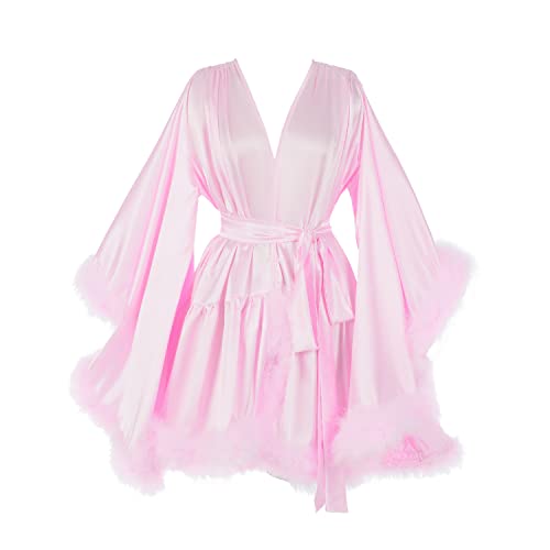 Women's Feather Bridal Robes Silk Satin Bridal Dressing Gown Sexy Illusion Lingerie Sleepwear