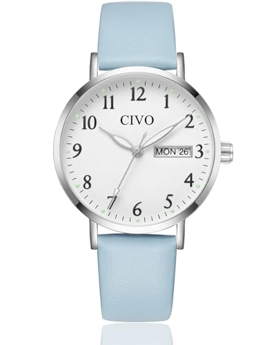 CIVO Ladies Watches Leather Strap: Blue Watches for Women Minimalist Design - Easy Read Analogue Quartz Wrist Watch with Date