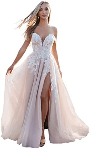 Off Shoulder Floral Lace Wedding Dresses for Bride 2023 Ball Gown Tulle Off Shoulder Side Slit Bridal Wedding Gowns for Bride 2023 Champagne 12