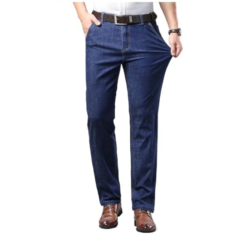 Thin Denim Pants, Loose Waist, Middle-Aged Business Casual Straight Leg Pants, Ice Silk Pants(33) Blue2