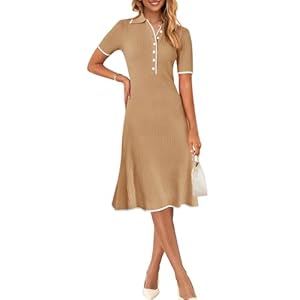 MEROKEETY Women’s V Neck Ribbed Knit Midi Dress Short Sleeve Button Elegant Bodycon Sweater Dresses
