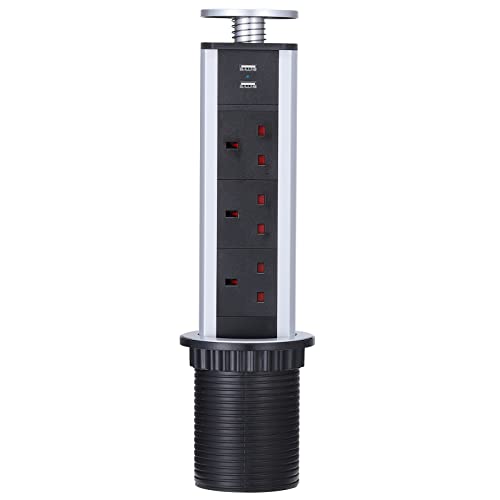 Kitchen Pull Pop Up Sockets for Worktop Desktop with 3 Power Sockets Plug 2 USB Ports - Chrome Effect