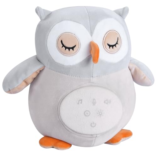 eSynic Peluche Che Respira, Rumori Bianchi per Neonato con Registrazione Vocale, Luce Notturna e 12 Suoni Rilassanti, Volume Regolabile, Design Gufo Lavabile e Non Perde Peli