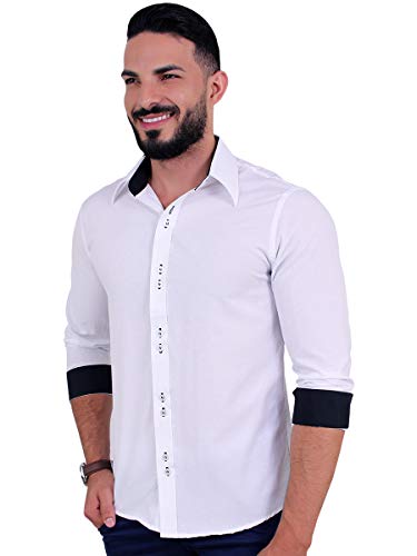kit camisa masculina manga comprida que não amassa, Azul Marinho, Preta e Branca (P)