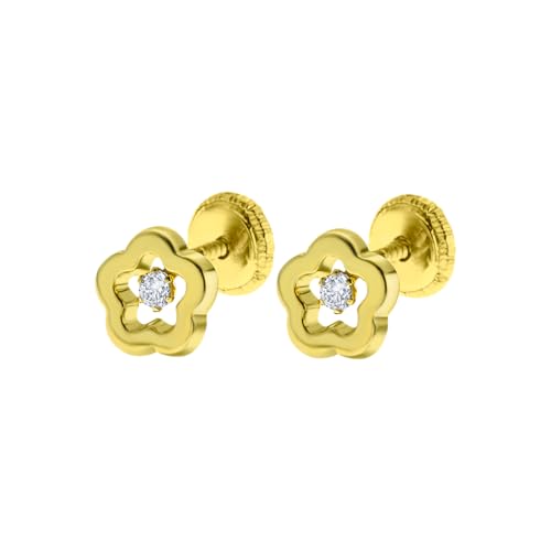 TIME ROAD Pendientes Bebé Niña de Oro 9K LG00097/6 - Cierre Seguro de Rosca - Pendientes de Flor 6 mm - Infantil 3, 6, 12 a 24 meses - Ideal como Regalo de Nacimiento, Bautizo o Cumpleaños