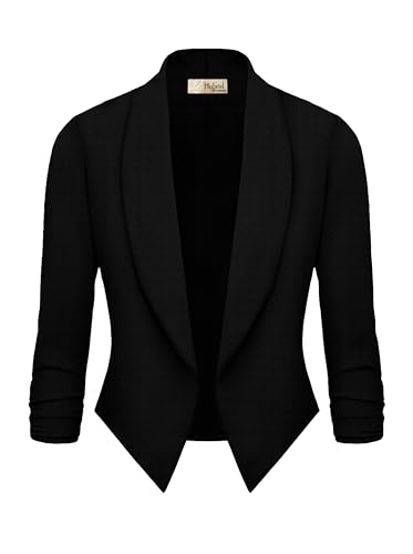 Hybrid & Company Lightweight Open Front Cardigan Classic Ruched Sleeve Work Office Blazer Suit Jackets Black