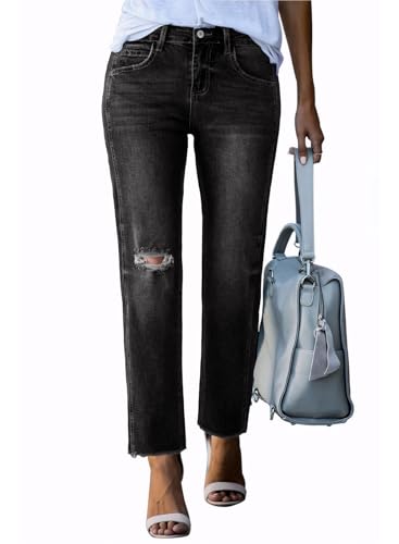 Sidefeel Women's High Waisted Boyfriend Jeans Trendy Ripped Straight Leg Raw Hem Stretchy Ankle Denim Pants