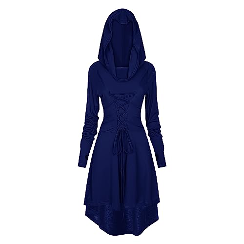 Disfraz renacentista para mujer, con capucha, con cordones, vestido renacentista vintage para Halloween, capa medieval, azul, talla 3XL
