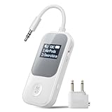 Nulaxy 2-in-1 Bluetooth Transmitter Receiver with Screen [Shows Battery & Connected Devices] Airplane Adapter Pairs 2 AirPods/Headphones 3.5mm AUX for TV Car Treadmill, Qualcomm Chipset, 20H Playtime