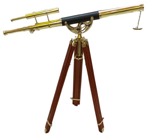 Maritime Brass Polish Double Barrel Designer Telescope With Wooden Tripod Floor Standing Telescopic Tripods By Antique Collectible