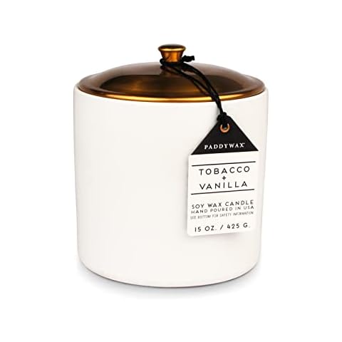 Vela de Soja Paddywax Hygge Tabaco y Vainilla en Cerámica Blanca de 15 oz con Tapa de Cobre Cover