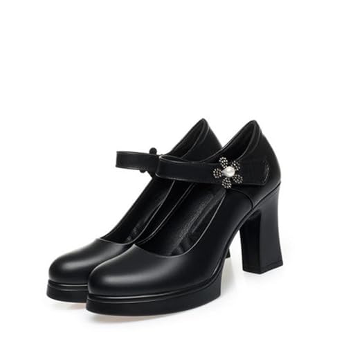 Women’s Elegant Leather Slip On Chunky Heel Mary Jane Shoes with Decorative Flower Detail with Adjustable Hook & Loop Straps Non-Slip Rubber Sole for Office Work Commute Daily Wear Casual Chic