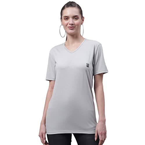 Image of Mack Jonney Women V Neck Cotton Solid Regular Fit T-Shirt-V Anthraa 001-P
