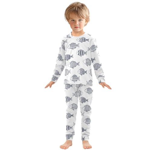 Pajama Sets Long Sleeve Cute Stripe Fish Pattern Soft Comfy Sleepwear 2 Piece PJS 3-8T2