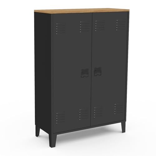 IDMarket – Armario bajo Ester 2 puertas metal negro y bandeja madera diseño industrial