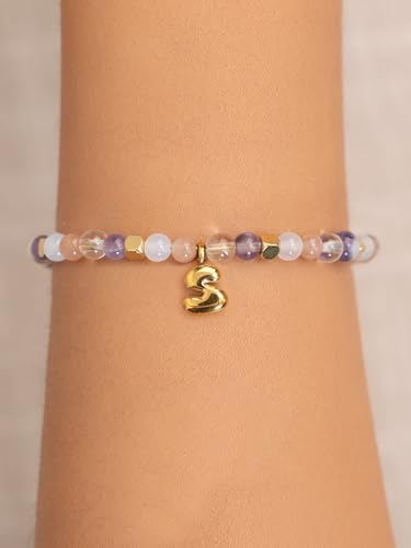 SENLLY Crystal Initial Bracelet, Meaningful Gift for Women Crafted with Natural Stone & Bubble Letter Charm S, Adjustable for Mom Daughter Sister Wife Friend - image 3