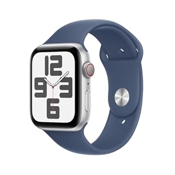 Apple Watch SE GPS + Cellular • Caixa prateada de alumínio – 44 mm • Pulseira esportiva denim – M/G