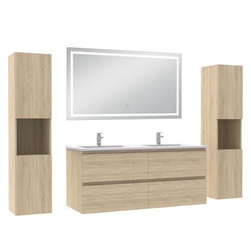 AICA Ensemble Meubles Salle de Bain 120cm avec Colonne et Miroir Lumineux 3 Couleurs et dimmable Chêne Wotan