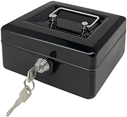 Steel Cash Box with Key Lock, Metal Small Money Organizer with Money Tray,Cash Storage Box with Lockable Cover (Black - 6 inch)