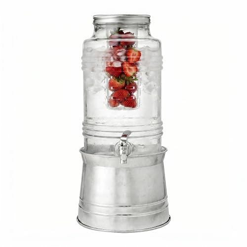 Circleware Breeze Glass Beverage Dispenser with Base Metal Stand Transforms to Ice Bucket, Lid, Fruit Infuser and Ice Insert, Entertainment Kitchen Drinking Glassware, Party, Huge 2.4 Gallons