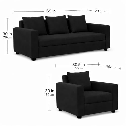 Image of Wood 3+1+1 Sofa Set 5 Seater | Velvet Fabric Upholstery | Wooden Frame Sofa Set with 3 Seater & 2 Single Chairs for Living Room, Home & Office (Black)