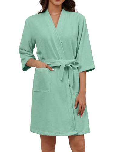 Ekouaer Women Terry Cloth Robes Absorbent Towel Robe Knee Length Soft Bathrobe 3/4 Sleeve Spa Robe with Pockets S-2XL