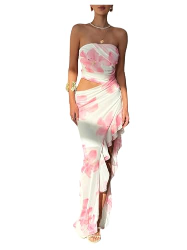 Milumia Women's Floral Cut Out Vacation Dress Ruffle Asymmetrical Strapless Sundress Long Dresses