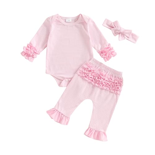 Image of Dobeiokal Newborn Baby Girl Clothes Ruffles Striped Long Sleeve Romper Bodysuit Elastic Pants Set Cute Fall Winter Outfits