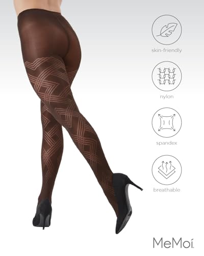 Image of MeMoi Geometric Pattern Control Top Tights, Smoothing Opaque Tummy Control Tights, 60 Denier - Sizes Small to Q2