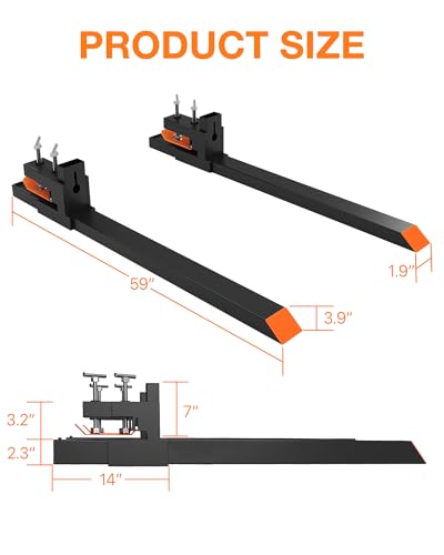 60 Inch Pallet Forks,60" Clamp on Pallet Forks Rated 2000 LBS for Loader Bucket Skid Steer Tractor, 45" x 1.9" Fork Length (Without Stabilizer Bar, Steel, 60")