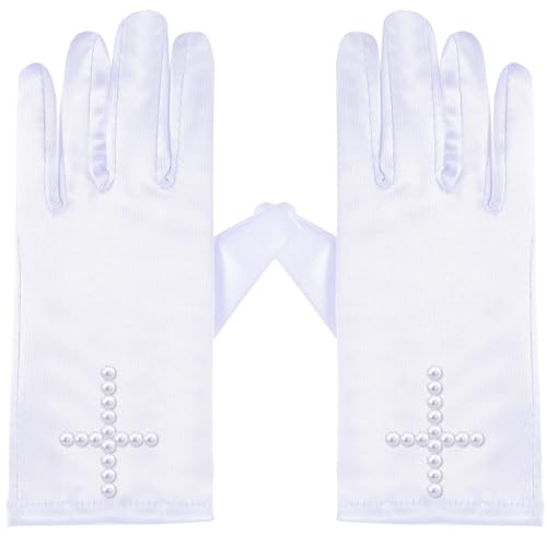 First Communion Accessories for Girl and Boy Cross Gloves with Beaded White Satin Gloves with Rhinestone Religion Gift for First Holy Communion Birthday Party